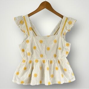 Haute Hippie White Cotton Peplum Top with Yellow Embroidered Flowers